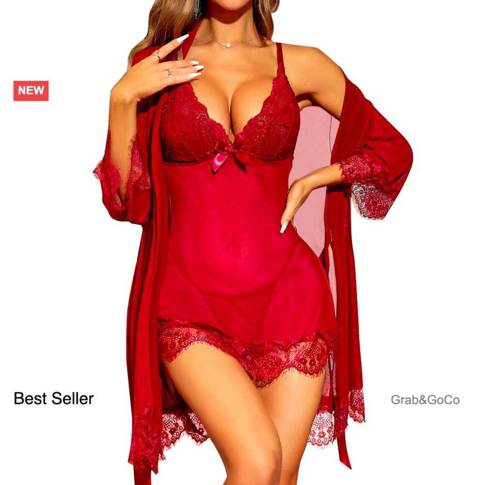 Sexy Lingerie Set 3 Piece Babydoll Mesh Robe Chemise Sleepwear Elegant